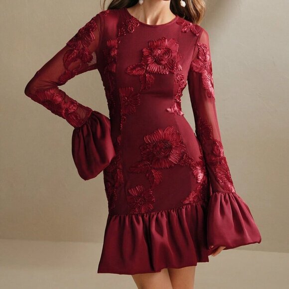 Burgundy Elegant Women's Embroidered Floral Bodycon Dress - Picture 7 of 8